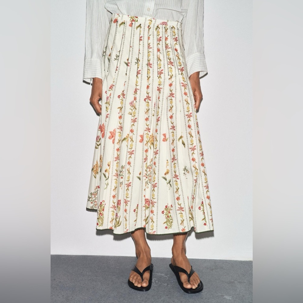 Zara NWT 100% Cotton Vintage Romantic Italian Countryside Midi Floral Skirt (XL) - Picture 2 of 9
